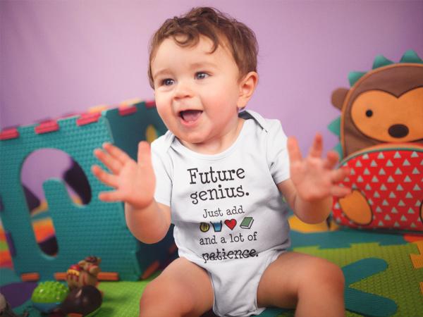 Future Genius Baby Bodysuit/Onesie Worn By Happy Infant